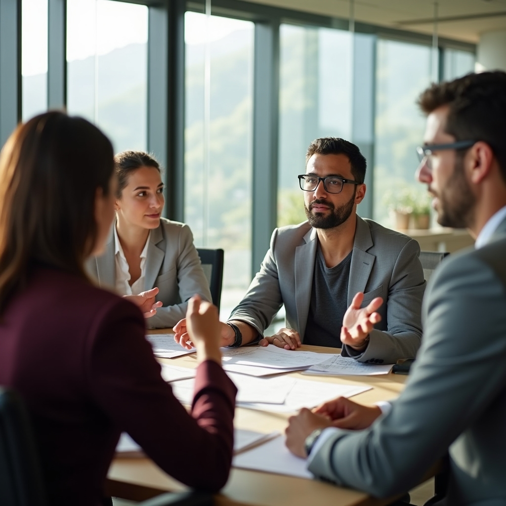 Diverse team of professionals in a focused meeting discussing strategy