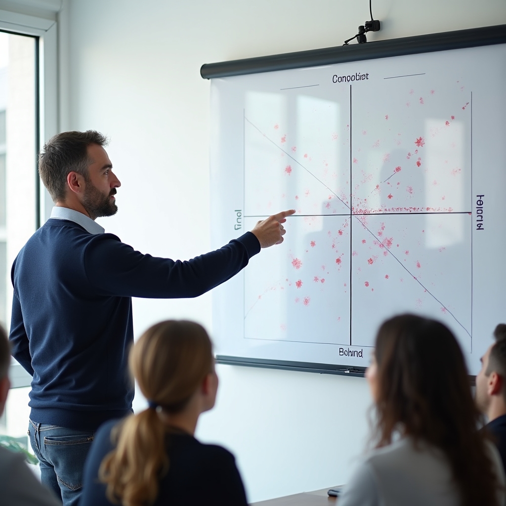 Consultant helping a team prioritize ideas on a whiteboard