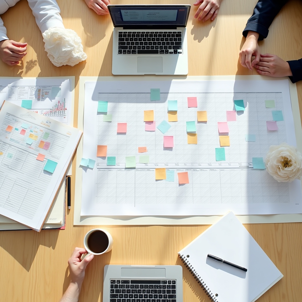 Team members reviewing a project plan spread across a large table