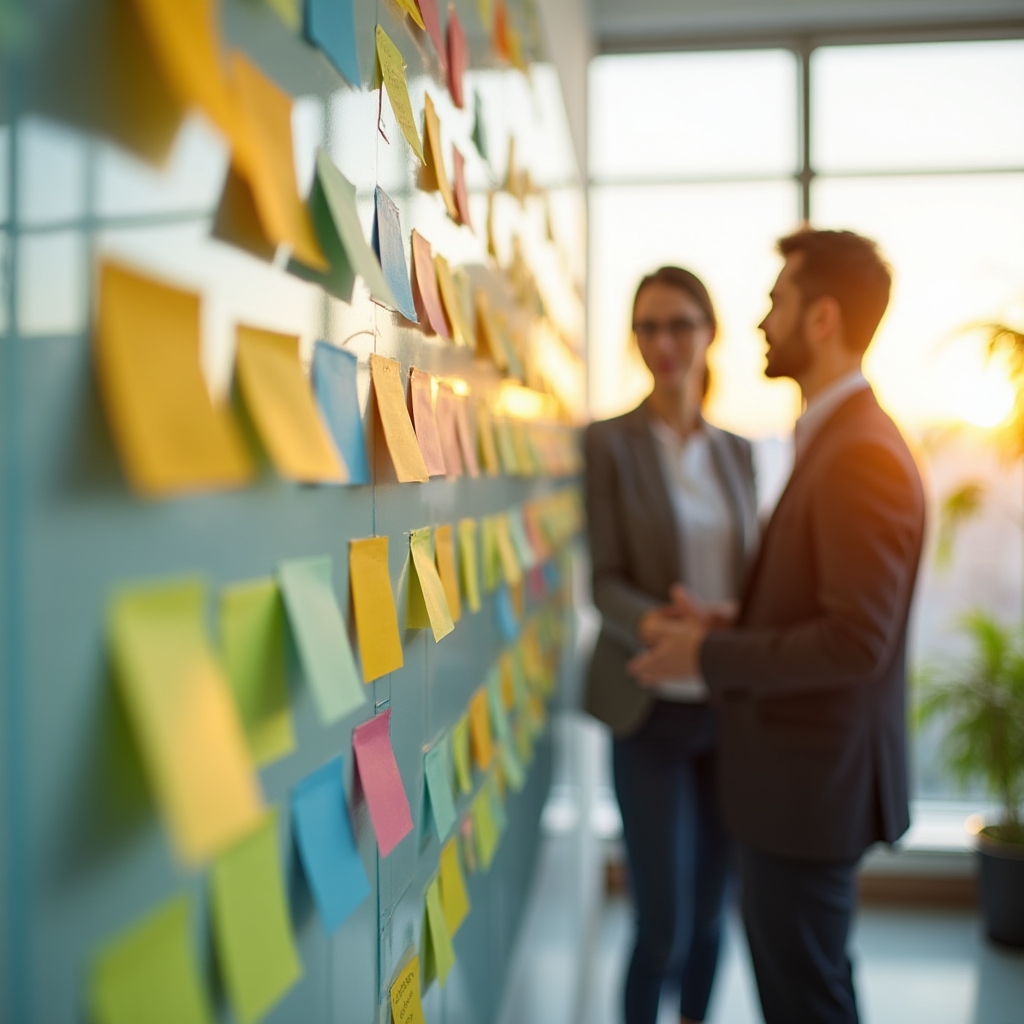 Whiteboard covered in sticky notes from a brainstorming session